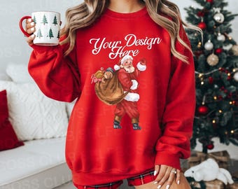 Maqueta Gildan 18000 / Maqueta de sudadera roja / Maqueta de sudadera para la mañana de Navidad / Maqueta de sudadera navideña roja / Vacaciones