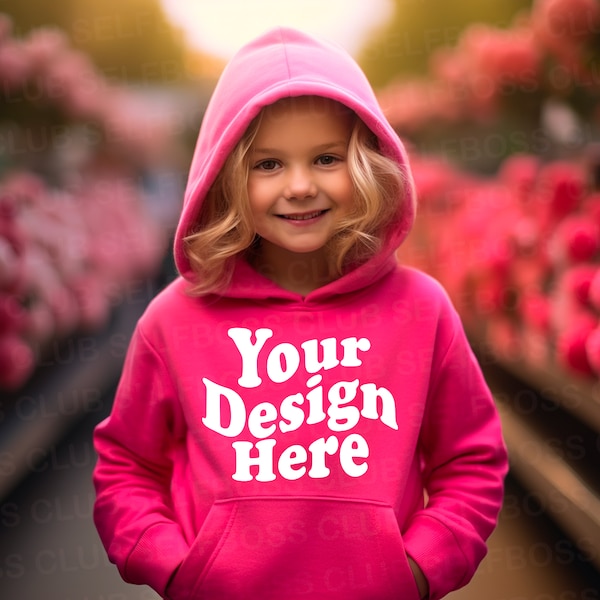 Kids Hoodie Mockup, kids Heliconia Pink Hoodie mockup, Gildan Youth Hoodie Mockup, Kids Hot Pink Hoodie Halloween Mockup, Gildan 185B mockup