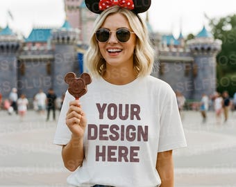 White Bella Canvas 3001 T-shirt Mockup, Styled Shirt Mockup, theme park Mockup, Vacation Mockup,  Magic Kingdom Castle, Model mock-up