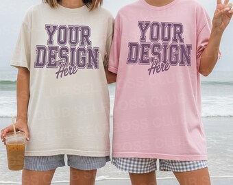 Camisa Comfort Colors C1717 marfil y rosa - Maqueta bohemia de verano - Maqueta de playa - Maqueta de camiseta de mejores amigas - Maqueta del 4 de julio - Maqueta de verano de mejores amigas