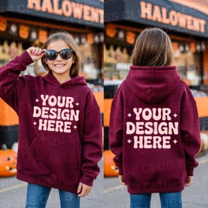 Kids Front and Back Hoodie Mockup, Side by Side Mockup kids Cardinal Red Hoodie mockup, Kids Halloween Hoodie Mockup , Gildan 18500B mockup