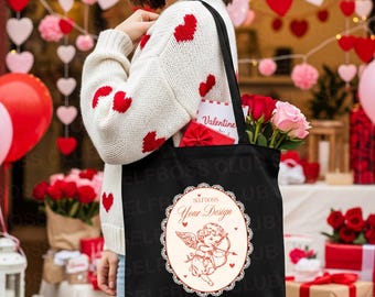 Black Canvas Tote Bag Mockup, Model Holding Tote, Valentines Cute Book Tote Mockup, Valentine's Day Bookish Tote Mockup, Lover Vibes Mockup