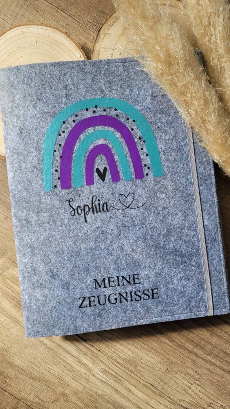 Individuelle Zeugnismappe Regenbogen aus Filz inkl. Sichtbuch mit 20 Klarsichthüllen Geschenk Einschulung DIN A4 Zeugnishülle Bild 8