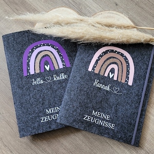Individuelle Zeugnismappe Regenbogen aus Filz Geschenk Einschulung DIN A4 Zeugnishülle mit Namen personalisiert