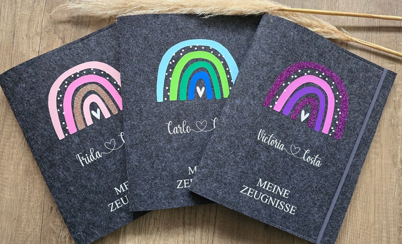 Individuelle Zeugnismappe Regenbogen aus Filz inkl. Sichtbuch mit 20 Klarsichthüllen Geschenk Einschulung DIN A4 Zeugnishülle Bild 3