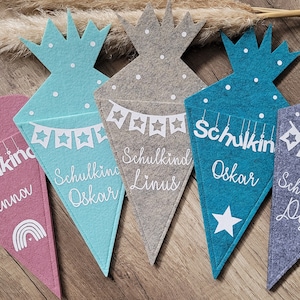 Cono escolar personalizado con nombre | Cono de caramelo de fieltro como regalo de dinero para empezar el colegio, aprox. 33 x 18 cm