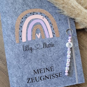 Individuelle Zeugnismappe mit Regenbogen aus Filz inkl. Sichtbuch mit 20 Klarsichthüllen Geschenk zur Einschulung l DIN A4 Zeugnishülle