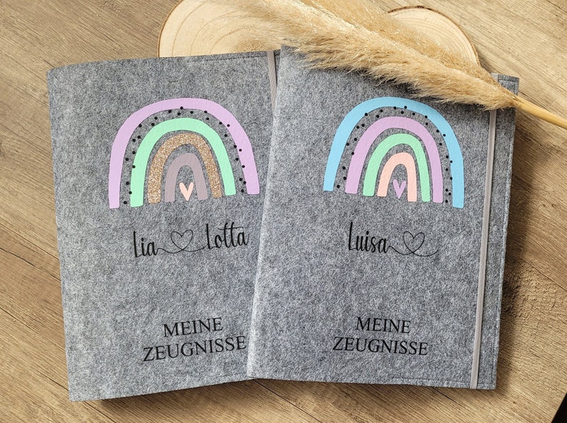 Individuelle Zeugnismappe Regenbogen aus Filz inkl. Sichtbuch mit 20 Klarsichthüllen Geschenk Einschulung DIN A4 Zeugnishülle Bild 4