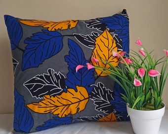 Handmade Ankara Throw Pillow Cover: African Leaf Print Cushion (18" x 18")