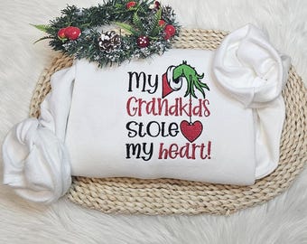 Embroidered Grandparents Unisex Christmas Sweatshirt: Grinch ' grandkids Stole My Heart' Festive gift for grandpa grandma