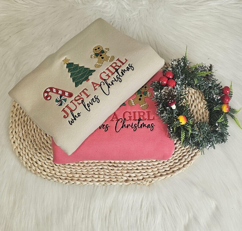 Embroidered Christmas Sweatshirt| Festive Holiday Jumper| Christmas themed Cozy Gift for her | Just a girl who loves Christmas hoodie image 6