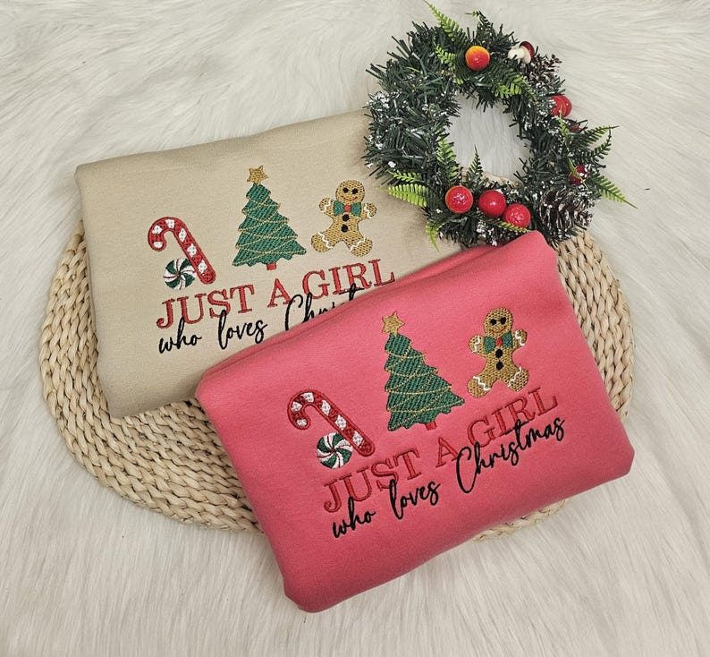 Embroidered Christmas Sweatshirt| Festive Holiday Jumper| Christmas themed Cozy Gift for her | Just a girl who loves Christmas hoodie image 2