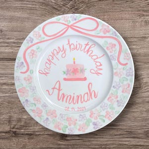 Personalized Birthday Plate for Girls – Hand Painted Plate with Name & Date, Floral Design – Ceramic Gift for Baby Keepsake Birthday | P010