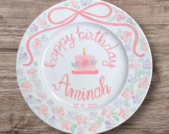 Personalized Birthday Plate for Girls – Hand Painted Plate with Name & Date, Floral Design – Ceramic Gift for Baby Keepsake Birthday | P010