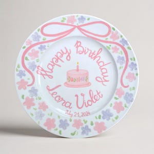 Hand Painted Birthday Plate for Girls – Personalized Ceramic Keepsake – Pink, Violet Floral Design Custom Name Gift for Baby Girls | P070
