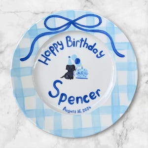 Personalized Birthday Plate for Boys – Custom Blue Plate with Puppy, Balloon, Cake, Name & Date – Hand Painted 1st Birthday Keepsake | P003