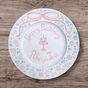 Personalized Birthday Plate for Girls – Custom Name & Date with Pink Cake on Pedestal, Floral Border – Hand Painted Ceramic Keepsake | P072