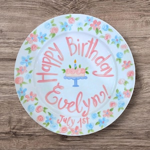 Personalized Birthday Plate Pink Cake with Floral Border –  Custom Name & Date for Girls – Hand Painted Ceramic Keepsake Plate for Kids|P060