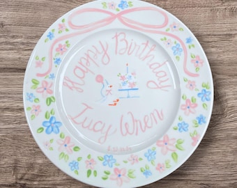 Personalized Birthday Plate for Girls – Custom Name & Date with Goose, Cake Design – Hand Painted Ceramic Keepsake Birthday for Girls | P017