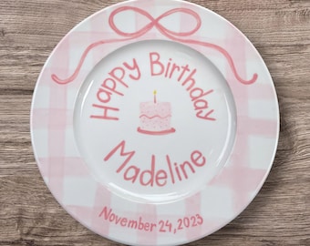 Personalized Pink Birthday Plate for Girls – Custom Name & Date with Cake Ribbon Design – Hand Painted Ceramic Plate Keepsake Gift | P004