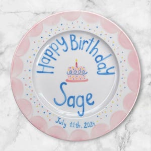 Personalized Birthday Plate for Girls – Custom Name & Date with Red Cake, Dots – Hand Painted Ceramic Plate Keepsake 1st Birthday Gift |P009