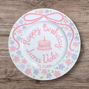 Personalized Birthday Plate for Girls – Custom Name & Date with Pink, Purple Floral Design – Hand Painted Ceramic Keepsake Birthday | P070