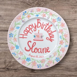 Personalized Birthday Plate for Girls – Custom Name & Date with Flowers –  Hand Painted Pink Ceramic Plate Keepsake 1st Birthday Gift | P007