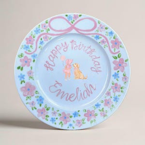 Custom Birthday Plate for Girls with Baby, Puppy Design –Personalized with Name & Date – Hand Painted Ceramic Gift Keepsake for Kids | P063