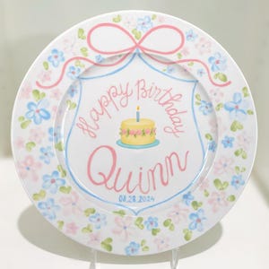 Happy Birthday Plate Personalized – Hand Painted Pastel Pink Blue Floral Ceramic Plate Keepsake – Custom Gift for Baby Girls Birthday | P071