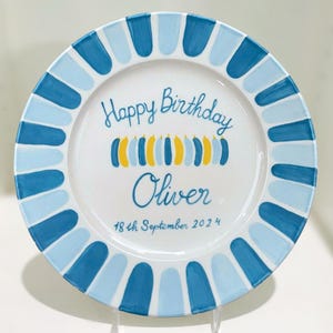 Hand Painted Blue and Yellow Ceramic Plate with Custom Name & Date – Personalized Birthday Plate for Boys – Custom Unique Kids Gift | P057