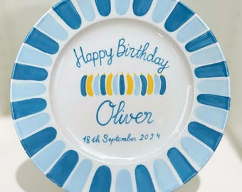 Hand Painted Blue and Yellow Ceramic Plate with Custom Name & Date – Personalized Birthday Plate for Boys – Custom Unique Kids Gift | P057