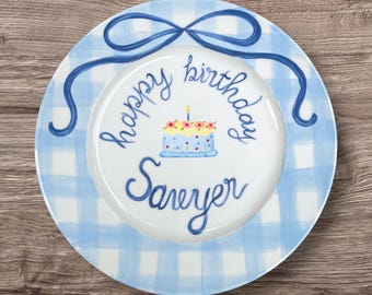 Personalized Birthday Plate for Boys with Name and Cake Design – Hand Painted Keepsake Gift – Custom Ceramic Dish for Baby or Toddler | P051