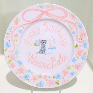 Personalized Birthday Plate for Girls – Custom Name & Date with Pink Floral Border, Custom Pet – Hand Painted Ceramic Gift,  Keepsake | P019