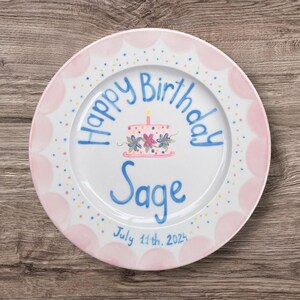Pink Floral Birthday Plate for Girls–Custom Hand-Painted Ceramic Gift with Name & Cake – Keepsake for Baby, Toddler or First Birthday | P048