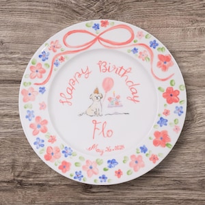 Personalized Birthday Plate for Girl – Hand Painted Ceramic Plate with Dog, Cake, Balloons – Custom Name & Date Keepsake Gift Birthday| P011