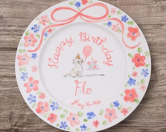 Personalized Birthday Plate for Girl – Hand Painted Ceramic Plate with Dog, Cake, Balloons – Custom Name & Date Keepsake Gift Birthday| P011