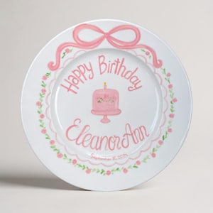 Hand Painted Birthday Plate for Girls – Personalized Pink Rose Ceramic Keepsake – Custom Name & Date, Baby Gift, Toddler or Child Dish| P058