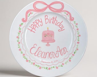 Hand Painted Birthday Plate for Girls – Personalized Pink Rose Ceramic Keepsake – Custom Name & Date, Baby Gift, Toddler or Child Dish| P058