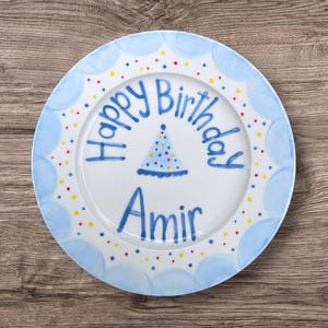 Personalized Boy Birthday Plate – Blue Party Hat Design – Hand Painted Ceramic Keepsake Gift for Baby, Toddler, or First Birthday Boy | P031