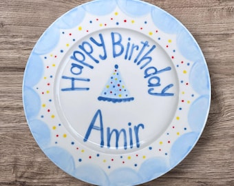 Personalized Boy Birthday Plate – Blue Party Hat Design – Hand Painted Ceramic Keepsake Gift for Baby, Toddler, or First Birthday Boy | P031