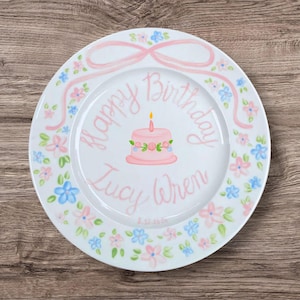 Personalized Birthday Plate for Girls – Hand Painted Plate with Name & Date, Floral Design – Ceramic Gift for Baby Keepsake Birthday | P079