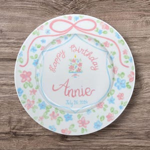 Personalized Birthday Plate for Girls – Custom Name & Date with Pink Bow, Floral Border, Flower Cake –  Hand Painted Ceramic Keepsake | P012
