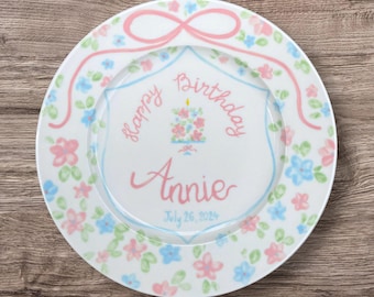 Personalized Birthday Plate for Girls – Custom Name & Date with Pink Bow, Floral Border, Flower Cake –  Hand Painted Ceramic Keepsake | P012