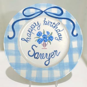Boy’s Custom Birthday Plate with Floral Bouquet and Name – Hand Painted Ceramic Keepsake – Blue Gingham Gift for Baby’s Special Day |P054