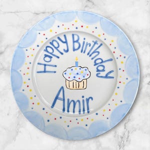Custom Baby Boy Birthday Plate with Name and Bow in Gingham Blue – Hand Painted Ceramic Keepsake – Unique Gift for Special Celebration |P053
