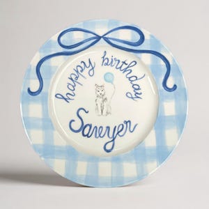 Boy&#39;s Birthday Plate – Custom Ceramic with Puppy, Balloon & Blue Bow – Hand Painted Keepsake Gift with Personalized Name | P037