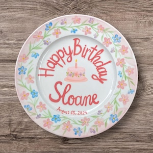 Personalized Birthday Plate for Girls – Hand Painted  Floral Plate with Pink Flowers, Cake – Custom Name & Date Keepsake 1st Birthday| P069
