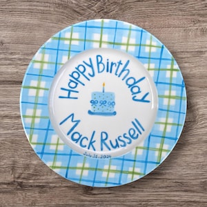 Personalized Birthday Plate for Boys – Custom Name & Date with Blue Plaid and Cake – Ceramic Keepsake 1st Birthday Gift for Baby Boys | P014