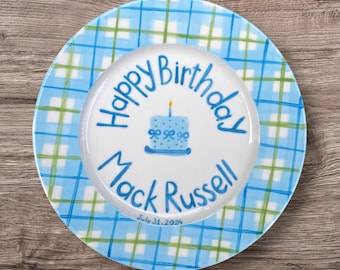 Personalized Birthday Plate for Boys – Custom Name & Date with Blue Plaid and Cake – Ceramic Keepsake 1st Birthday Gift for Baby Boys | P014