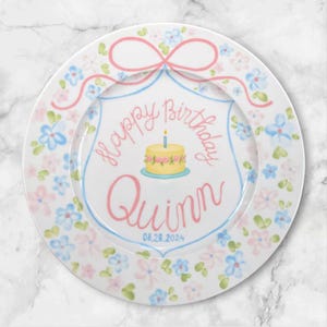 Custom Happy Birthday Plate for Girls – Hand Painted Pink Bow, Pastel Floral Ceramic Keepsake – Personalized Gift with Name & Date | P071